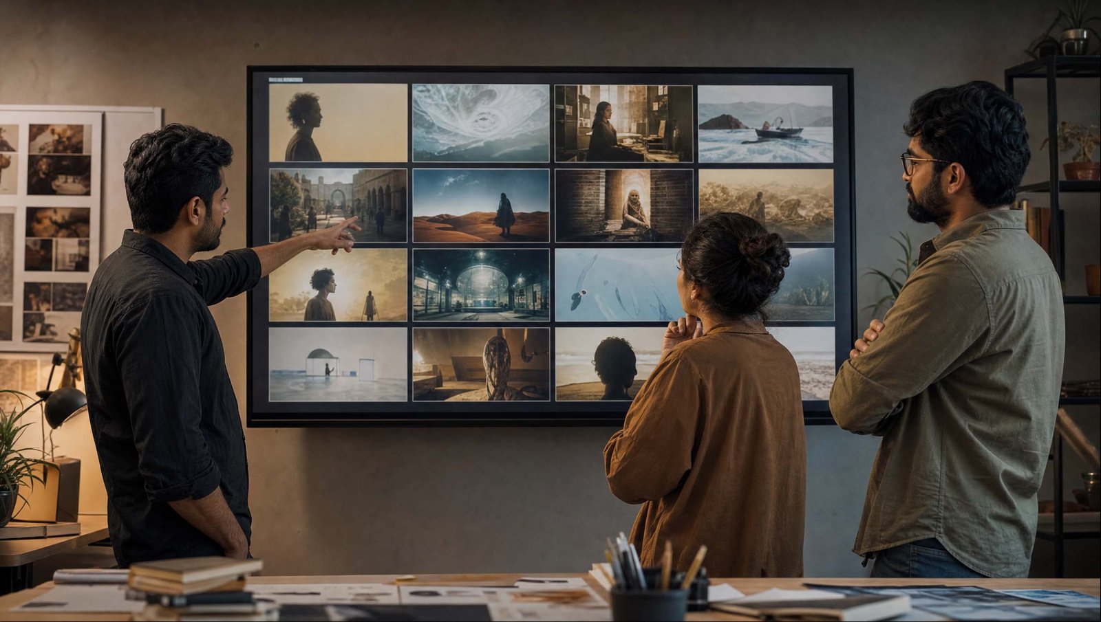 Creative team reviewing a wall grid of concept frames exploring different directions